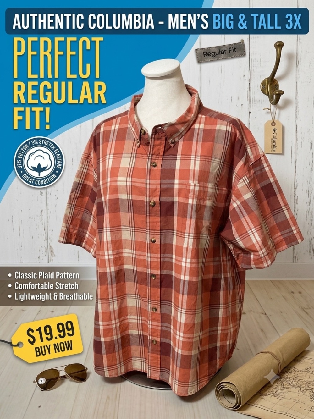 Men's COLUMBIA Plaid Button Down Shirt 3X Short Sleeve Orange Regular Fit Plaid